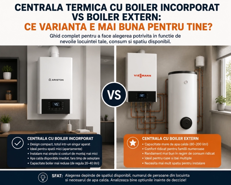 Centrala termică cu boiler incorporat vs boiler extern: ce variantă e mai bună pentru tine?