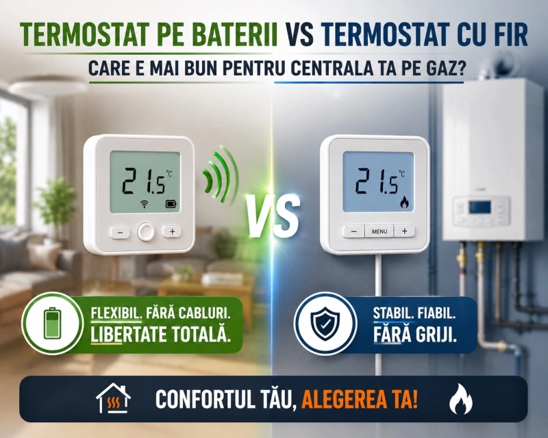 Termostat pe baterii vs termostat cu fir: care e mai bun pentru centrala ta pe gaz